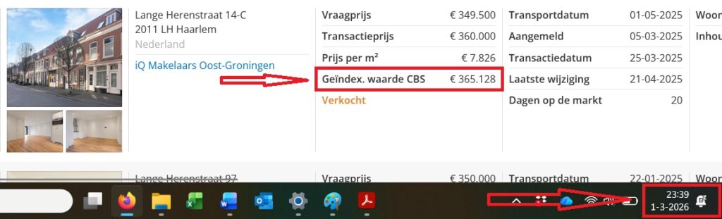 Voorbeeld van geïndexeerde verkoopprijs voor in taxatierapport.